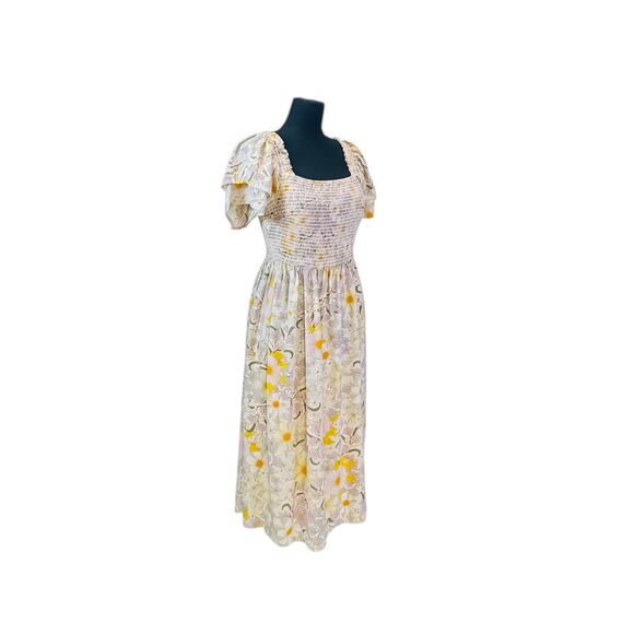 A.N.A Yellow Floral Smocked Midi Dress - Size Medium - Picture 3 of 10